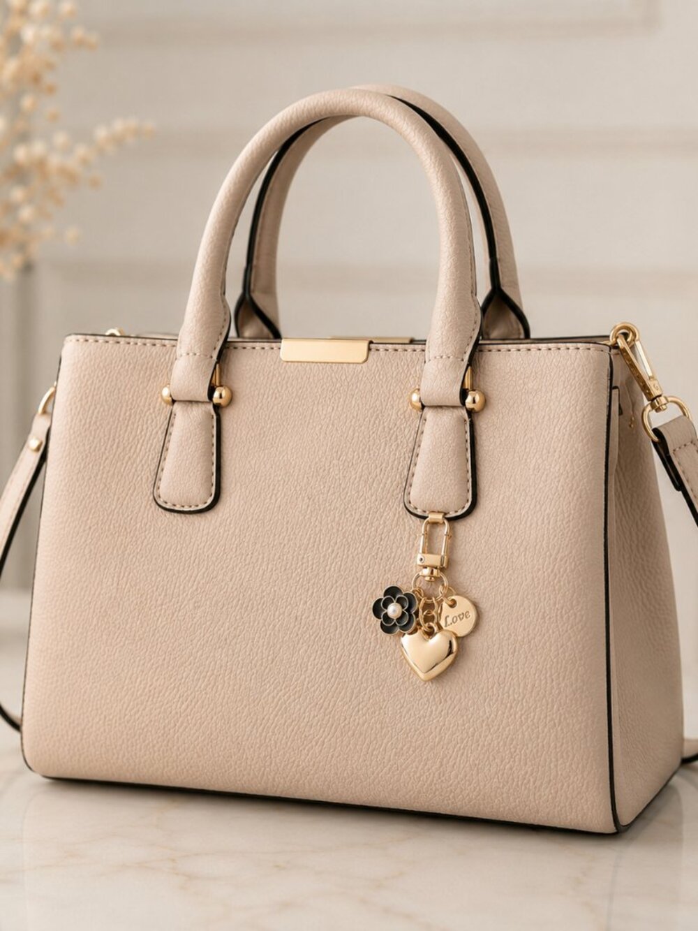Gold Heart Bag Charm Purse Charm Keychain Flower Pearl Love Pendant - Picture 5 of 5
